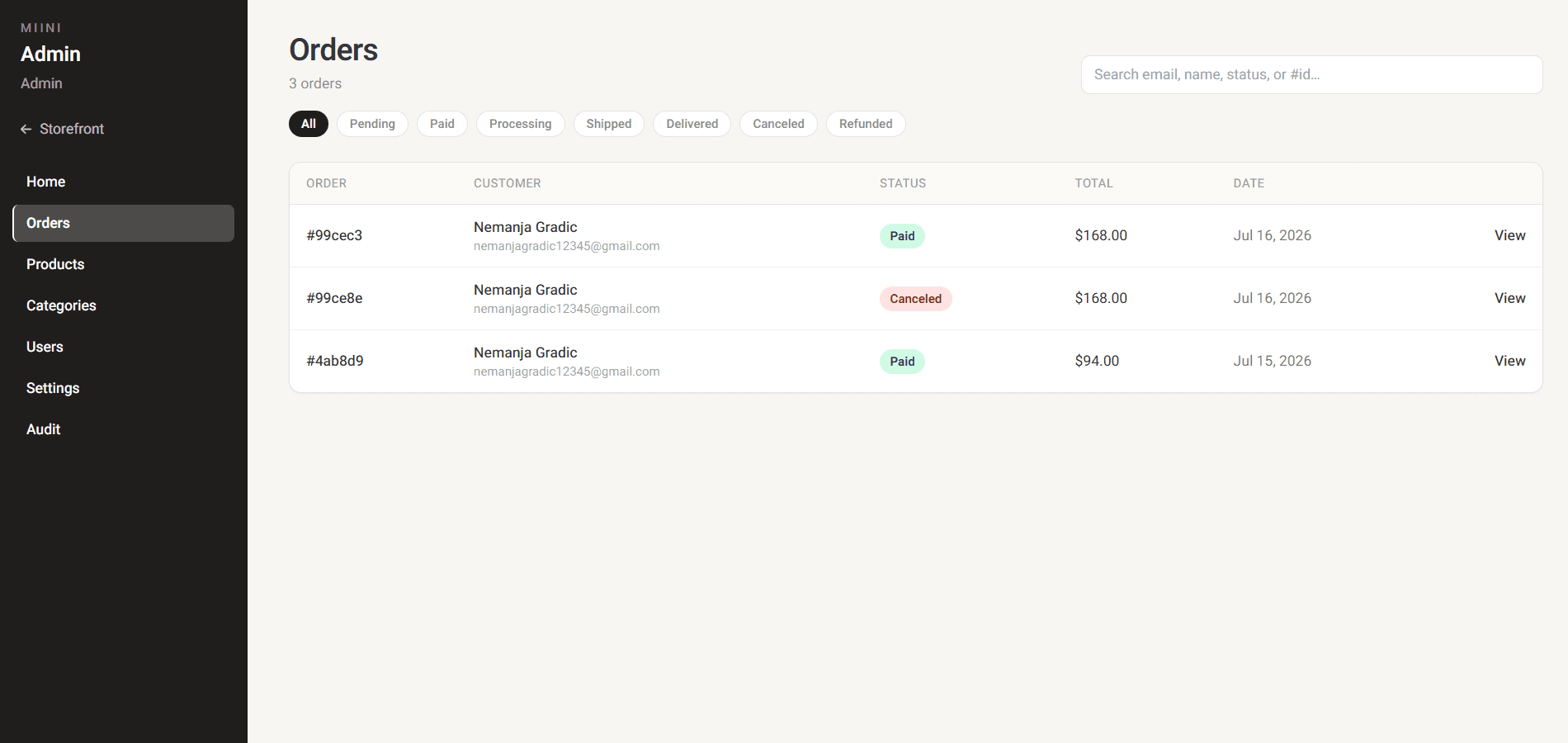 Admin orders list with status filters and view actions